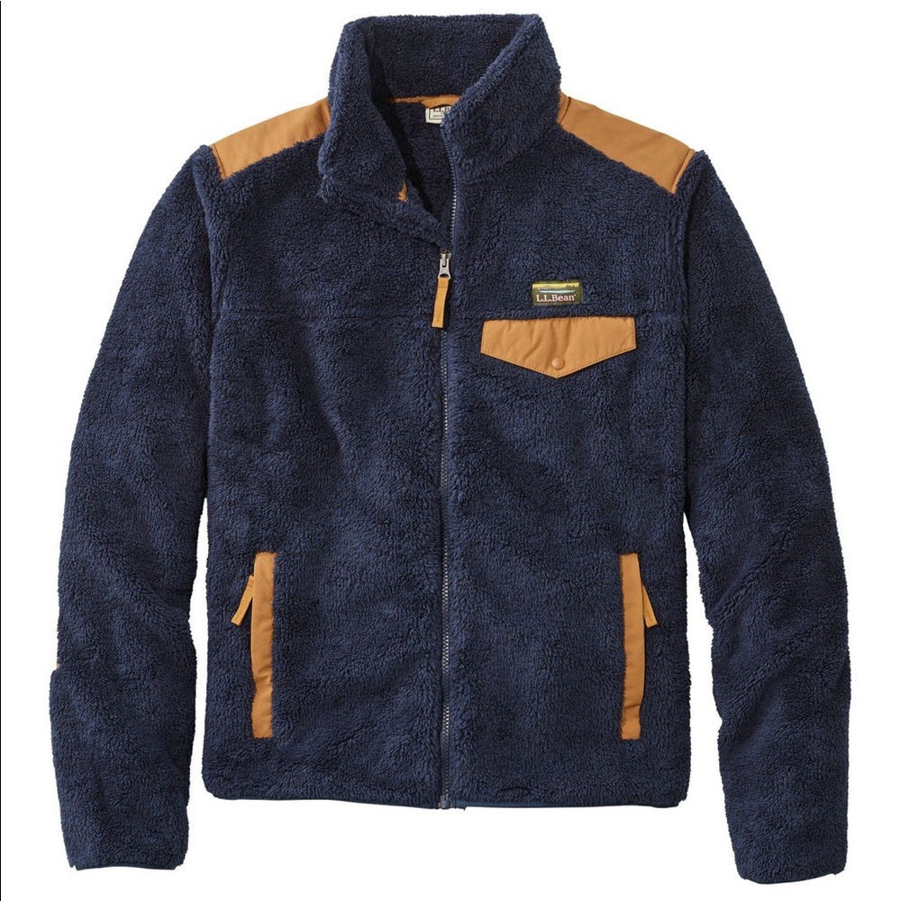 L.L. BEAN | Men’s Extra Large Hi-Pile Fleece Jacket Blue Tan Cozy Teddy Bear